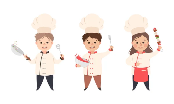 Children Chef in White Toque and Uniform Enjoying Culinary and Cookery Holding Shashlik on Skewer and Whisk with Bowl Vector Set — Stock Vector