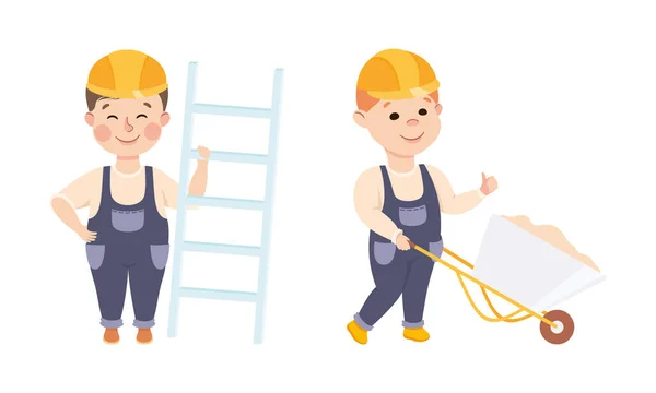 Smiling Boy Builder in Hard Hat and Overall Carrying Ladder and Pushing Wheelbarrow Vector Set — Stock Vector