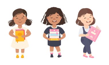 Küçük Kız Kitaplarla Bekliyor Okuma Vektörü Seti 'nin keyfini çıkarıyor