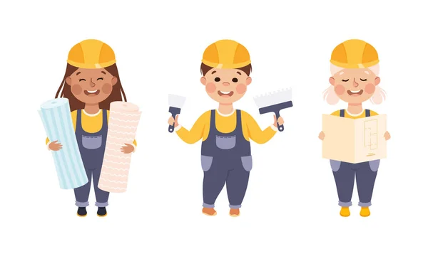 Smiling Girl and Boy Builder in Hard Hat and Overall with Hand Trowel and Wallpaper Roll Vector Set — Stock Vector