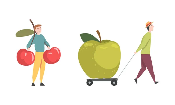 Man dragen enorme kers en trekken Trolley met groene Apple Vector Set — Stockvector