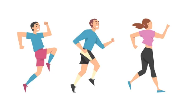 Man and Woman Character Running in a Hurry and Hasten Somewhere Vector Set — Stock Vector
