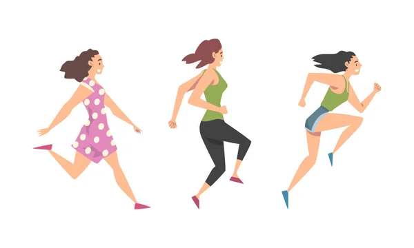 Woman Character Running in a Hurry and Hasten Somewhere Vector Set — Stock Vector