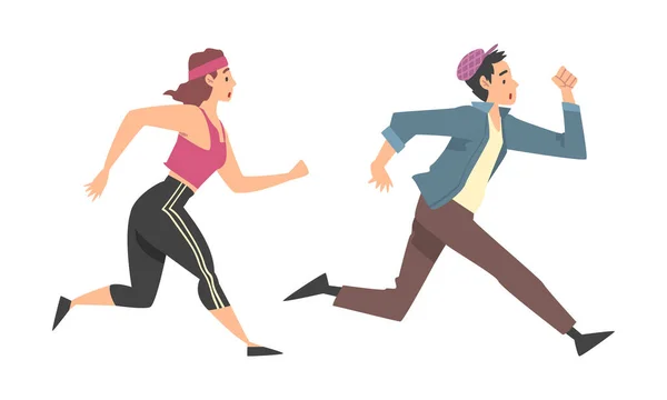 Homem e mulher personagem correndo em uma pressa e apressar em algum lugar conjunto de vetores —  Vetores de Stock