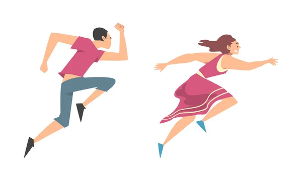 Man and Woman Character Running in a Hurry and Hasten Somewhere Vector Set — Stock Vector