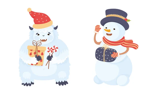 Симпатичные снежный человек и снежный человек в качестве новогоднего персонажа носить шарф и шляпу холдинга обернутые подарочные коробки векторный набор — стоковый вектор
