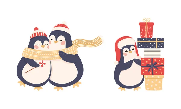 Cute Penguin jako New Year Character w kapeluszu i szalik przytulanie i stojąc w pobliżu stosu pudełka Vector zestaw — Wektor stockowy