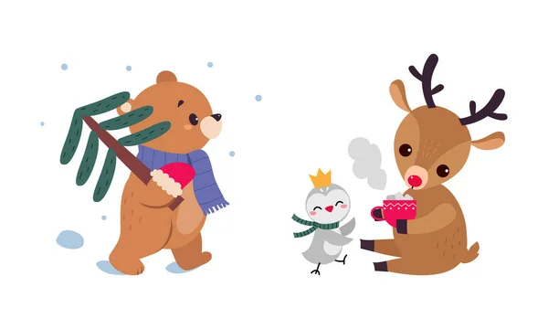 Lindo oso y ciervo como personaje de año nuevo llevando abeto y bebiendo conjunto de vectores de chocolate caliente — Vector de stock