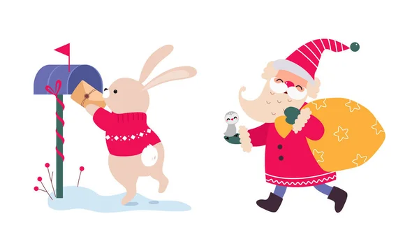 Roztomilý králík uvedení dopis v poštovní schránce a Santa Claus nošení pytel jako nový rok znak vektor sada — Stockový vektor