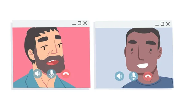 Écran de vidéoconférence avec l'homme appelant un ami et communiquant via Internet App Vector Set — Image vectorielle
