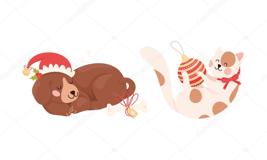 Cute Dog Puppy in Santa Hat Cuddling Near Bone and Cat Playing with Bauble Vector Set