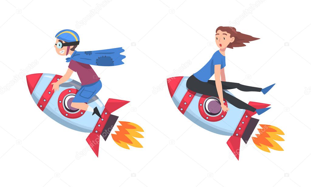 Man and Woman Flying on Space Rocket Moving Upward Vector Set