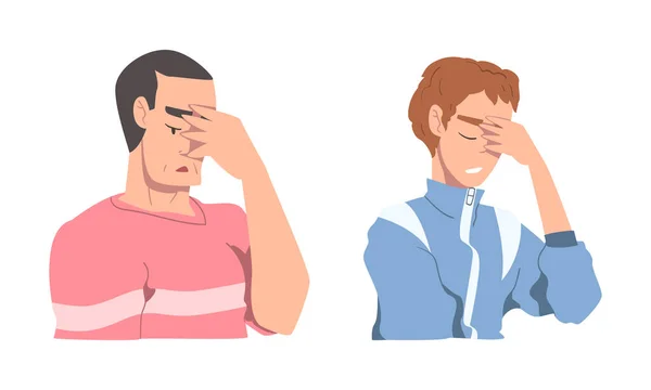 Disappointed Young Man and Woman Trying to Remember Something Feeling Frustration About Forgetting Things Vector Set — Stock Vector