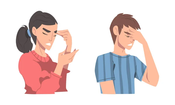 Disappointed Young Man and Woman Trying to Remember Something Feeling Frustration About Forgetting Things Vector Set — Stock Vector