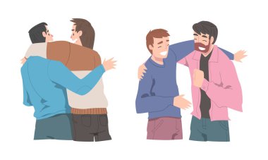 Genç Erkek Arkadaşlar Buluşuyor Birbirlerini Sarılırken ve Selamlarken Vektör Ayarları