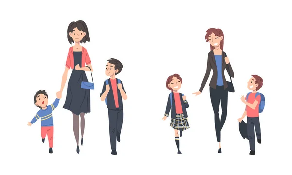 Mother Walking Their Kids to School Holding Hands Vector Set — Stock Vector