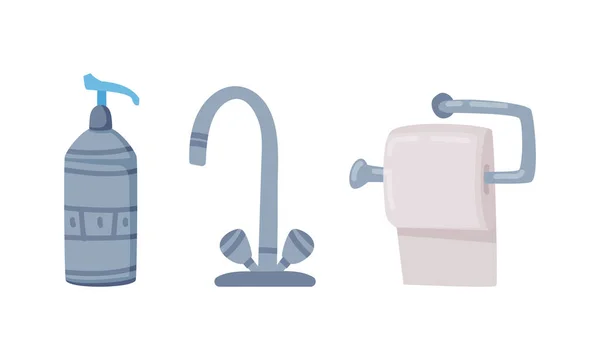 Rubinetto del rubinetto, rotolo di carta igienica e sapone in bottiglia come set vettoriale per bagno o bagno — Vettoriale Stock