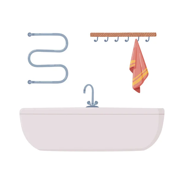 Vasca da bagno con rubinetto e portasciugamani come comfort domestico per set vettoriale di balneazione — Vettoriale Stock