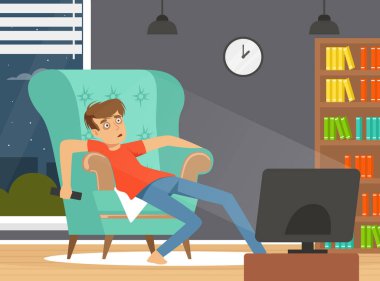 TV İzleme Bağımlılığı Olan Kötü Alışkanlık TV 'nin önünde oturan Vektör İllüzyonu