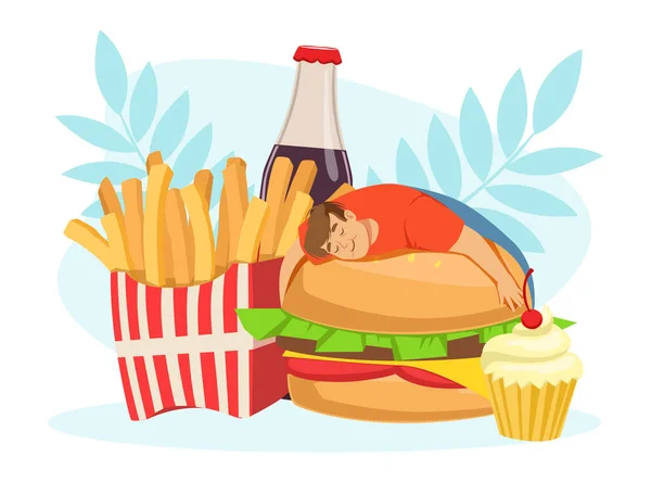 Mala costumbre con el hombre gordo adicto a la comida rápida abrazando hamburguesa Vector Ilustración — Vector de stock
