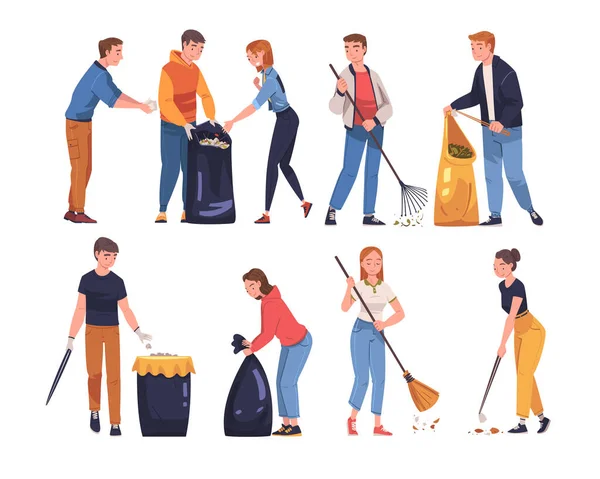 Personaje de la gente recogiendo basura en la limpieza de sacos Street Vector Illustration Set — Vector de stock