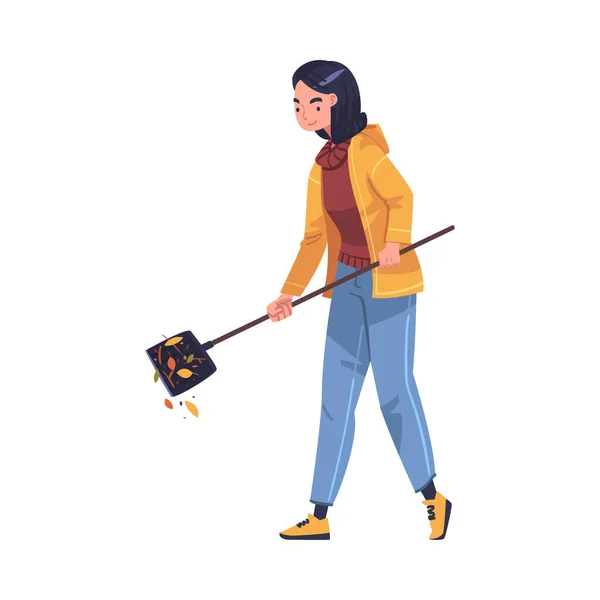 Personagem de mulher com pá coletando lixo limpeza rua vetor ilustração — Vetor de Stock