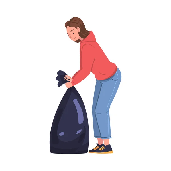 Personagem de mulher com saco coletando lixo limpeza rua vetor ilustração — Vetor de Stock