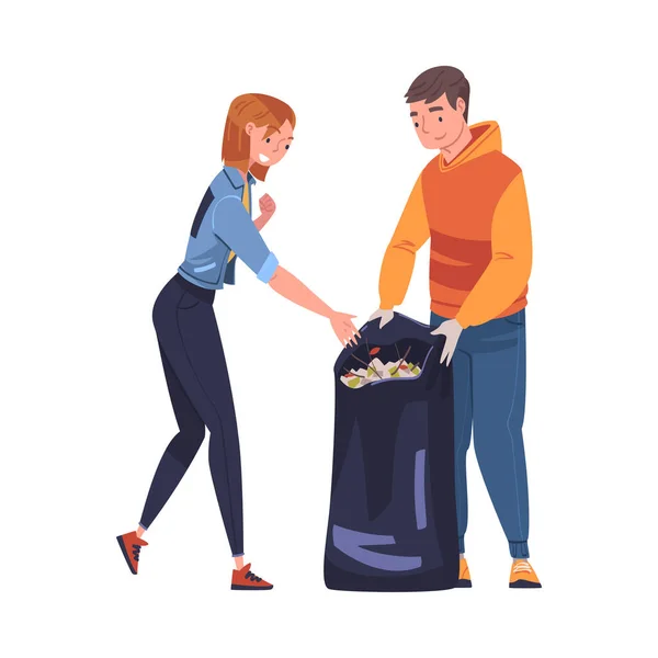 Hombre y mujer personaje con saco recogiendo basura limpieza calle vector ilustración — Vector de stock