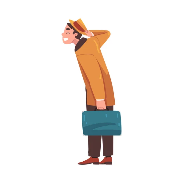 Hombre feliz personaje volviendo y volviendo a casa de pie con maleta Vector Ilustración — Vector de stock