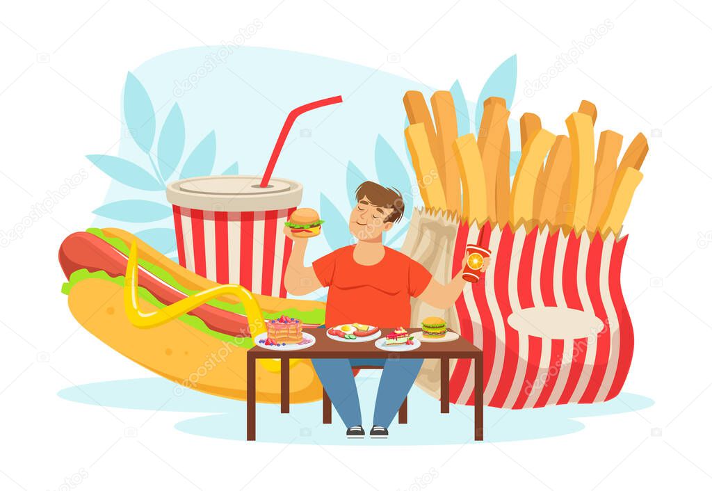 Bad Habit with Fat Man Addicted to Fast Food Sitting and Eating at Table Vector Illustration