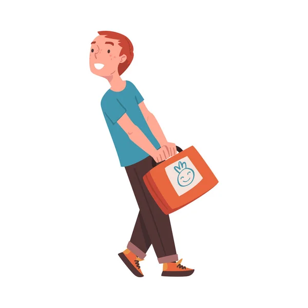 Happy Teen Boy personaje que regresa y regresa a casa llevando la maleta Vector Illustration — Vector de stock