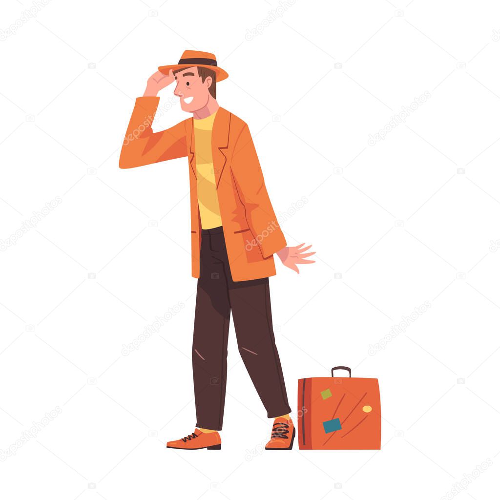 Happy Man Character Coming Back and Returning Home Standing with Suitcase Vector Illustration