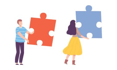 Genç Adam ve Kadın Büyük Yapboz Yapboz Vektörü Seti