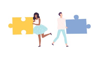 Genç Adam ve Kadın Büyük Yapboz Yapboz Vektörü Seti