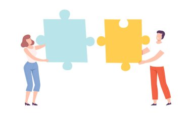 Genç Adam ve Kadın Büyük Yapboz Yapboz Vektörü Seti