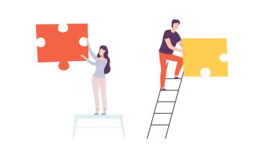 Genç Adam ve Kadın Büyük Yapboz Yapboz Vektörü Seti