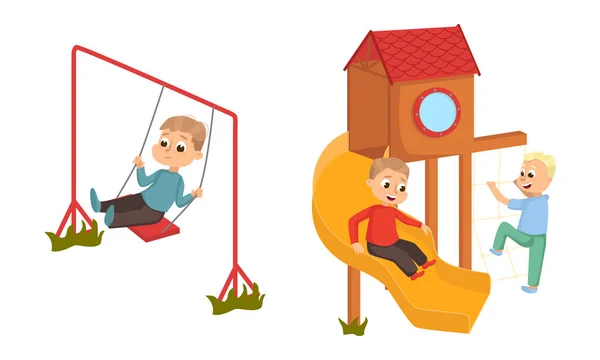 Enfants jouant sur l'aire de jeux dans le parc de la ville avec balançoires et diapositives vectorielles Illustration Set — Image vectorielle