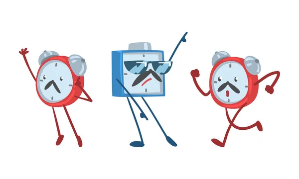 Personagem de relógio de alarme vermelho e azul em pé com mão levantada e conjunto de ilustração vetorial em execução — Vetor de Stock