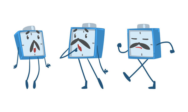 Blue Alarm Clock Character Gasping in Surprise and Walking Vector Illustration Set
