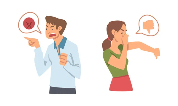 Jonge boze man en vrouw karakter uiten ontevredenheid in sociale media met duim omlaag en boos Emoji gezicht vector illustratie set — Stockvector
