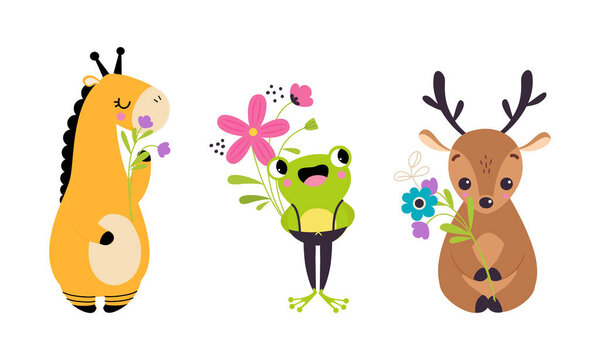 Cute Animal Holding Flower on Stalk with Paws Vector Illustration Set.