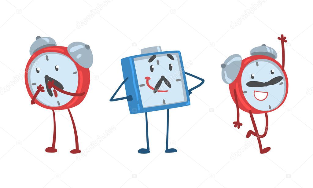 Red and Blue Alarm Clock Character Smiling and Running Vector Illustration Set