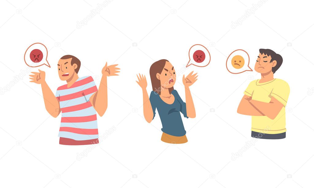 Young Angry Man and Woman Character Expressing Discontent in Social Media Vector Illustration Set