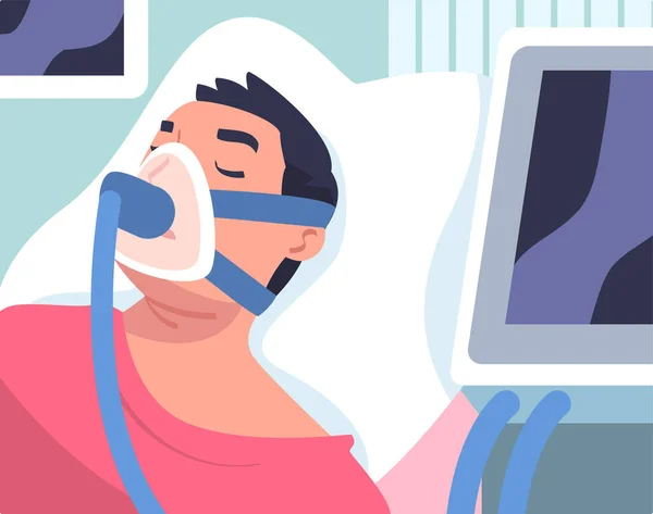 Férfi beteg a kórházban, amelynek mesterséges tüdő szellőzés Mivel kritikus állapotban fekszik az ágyon maszk vektor illusztráció — Stock Vector