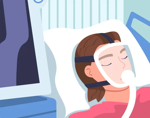 Fiatal nő beteg a kórházban feküdt az ágyon álarccal Miután mesterséges tüdő szellőzés, hogy a kritikus állapot vektor illusztráció — Stock Vector