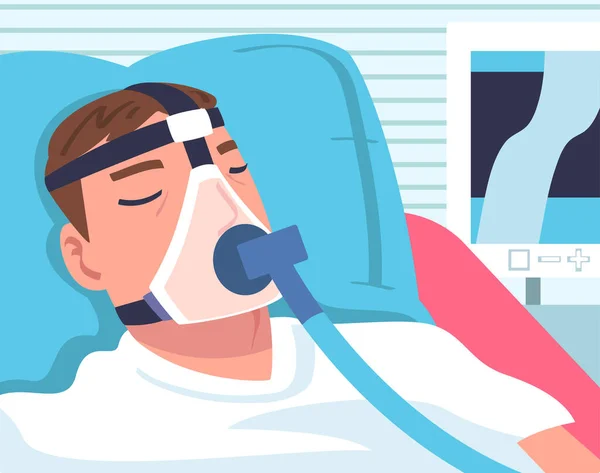 Mężczyzna Pacjent w szpitalu o sztucznej wentylacji płuc Będąc w stanie krytycznym Leżąc na łóżku z wektorem maski Ilustracja — Wektor stockowy