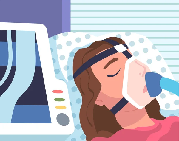 Młoda kobieta Pacjentka w szpitalu leży na łóżku z maską o sztucznej wentylacji płuc jest w stanie krytycznym Wektor Ilustracja — Wektor stockowy