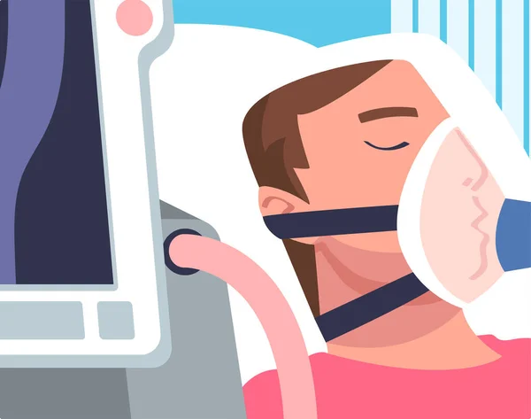 Mężczyzna Pacjent w szpitalu o sztucznej wentylacji płuc Będąc w stanie krytycznym Leżąc na łóżku z wektorem maski Ilustracja — Wektor stockowy