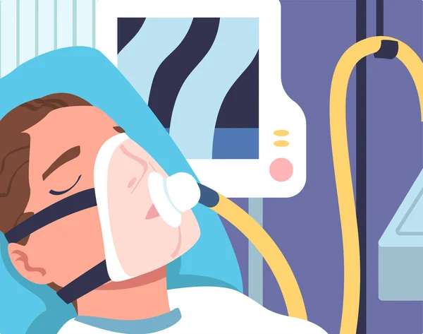 Man patiënt in het ziekenhuis met kunstmatige long ventilatie in kritieke toestand liggend op bed met masker Vector Illustratie — Stockvector