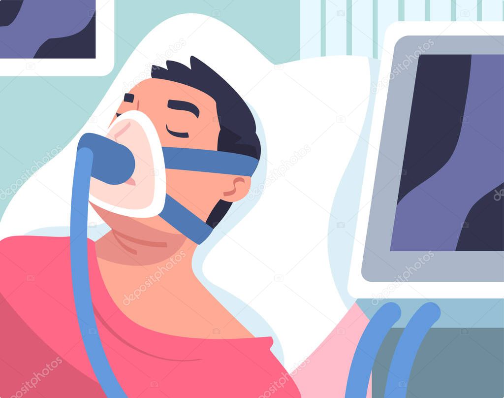 Man Patient in Hospital Having Artificial Lung Ventilation Being in Critical Condition Lying on Bed with Mask Vector Illustration